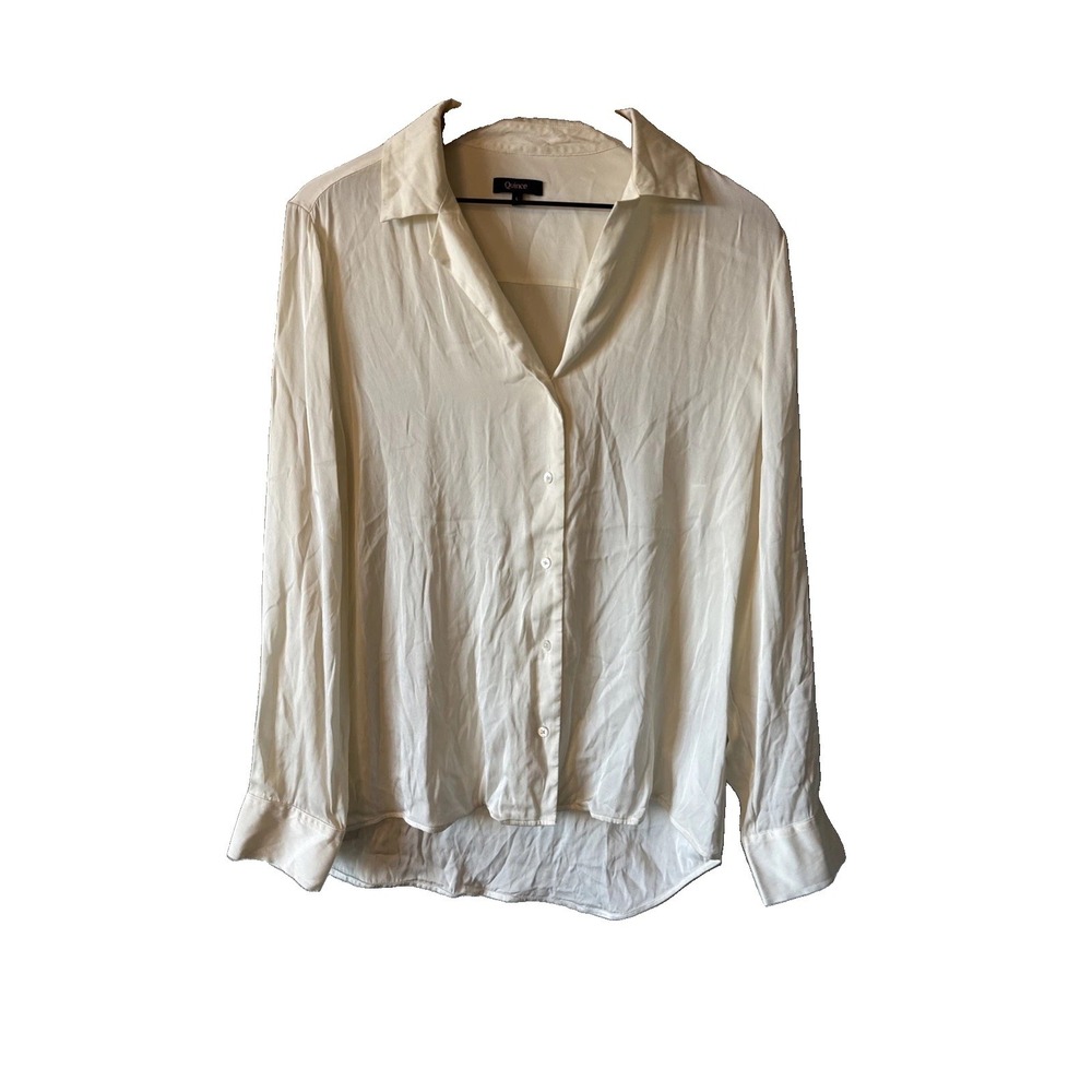 Quince Ivory Washable Stretch Silk Notch Collar LS Blouse Button Top Size Large